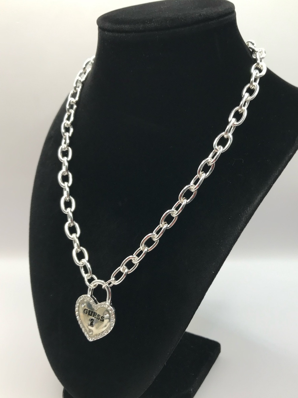 GUESS Silver-Tone Heart Lock Charm Necklace with Rhinestones - Picture 3 of 7